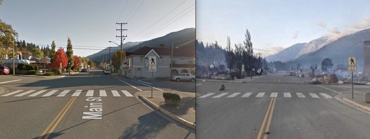 Après les 49,6°C de mardi, la commune de Lytton au #Canada est dévastée suite aux incendies. Ici la rue principale de la ville. 