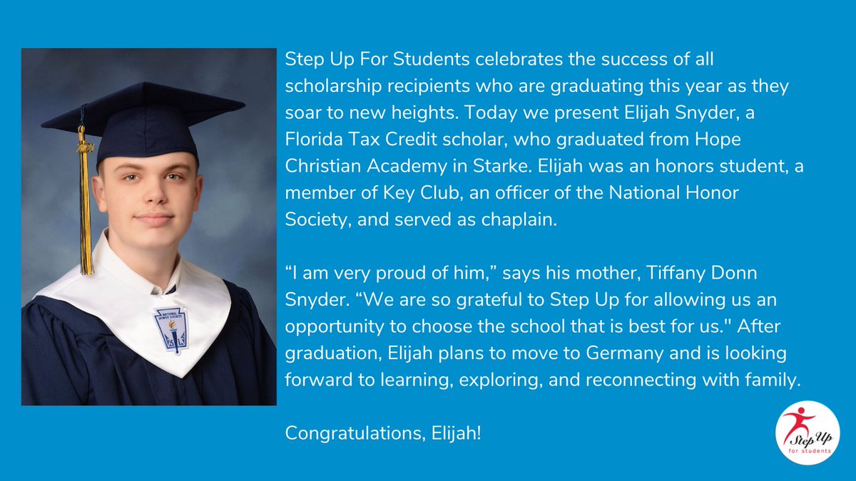 StepUp4Students's tweet photo. Congratulations, Elijah!

Step Up is still accepting applications for the private school scholarship. Apply now: https://t.co/8F00GeALgd

To learn more about the Alumni Network and/or celebrate your graduate, please email us at parentpower@sufs.org. 
#StepUpForChoice https://t.co/Trr1rQ7FRW