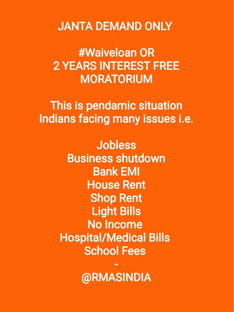 Vasudevmodi3's tweet image. I Requesting everyone to participate in this trend &amp;amp; make it Successful

your opinion/suggestion

HASHTAG :
#SabseBadaSawaal
#Waiveloan 
#ExtendMoratorium
#RMAS #middleclass

@RMASindia @news24tvchannel @jitendragoyalsv @sme1965 
RT and Spread 🙏