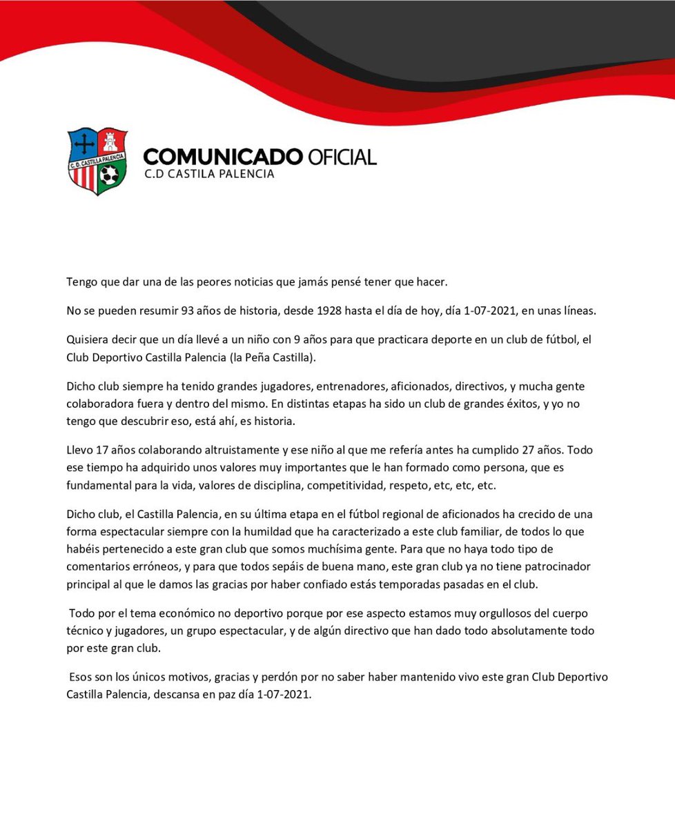 ✍🏻 COMUNICADO OFICIAL

👉🏻 Gracias y hasta siempre...🙁😢

#CastillaPalencia | #TodoAlRojo | #Palencia