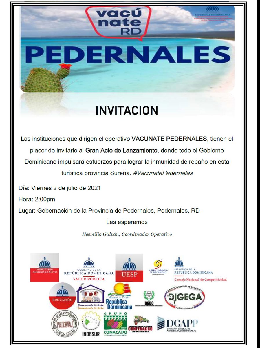 hecmiliogalvan's tweet photo. El Presidente @luisabinader nos ha encomendado coordinar el Operativo #VacunatePedernales. Estamos trabajando para cumplir la meta y declarar pronto la vacunación de esta provincia, que será LIBRE DE COVID. #RumboSur #EstamosCambiando https://t.co/ux1OW0Igy0