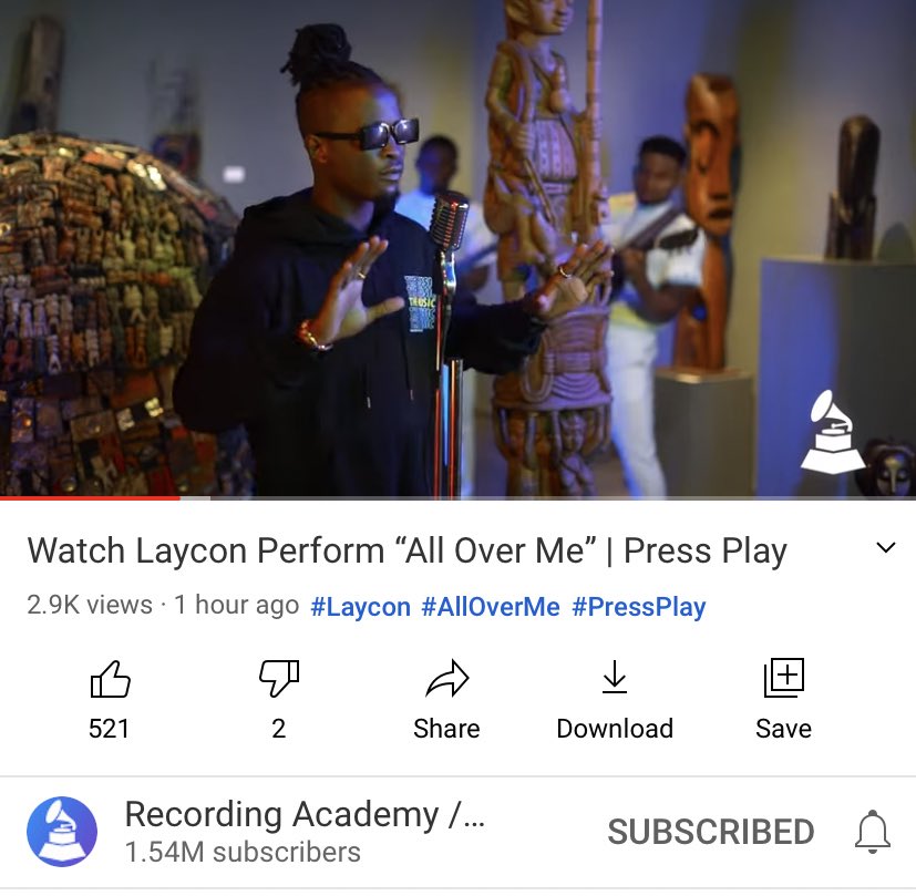 Huge!! 👏🏽👏🏽 #Grammy #Laycon #PressPlay #AllOverMe