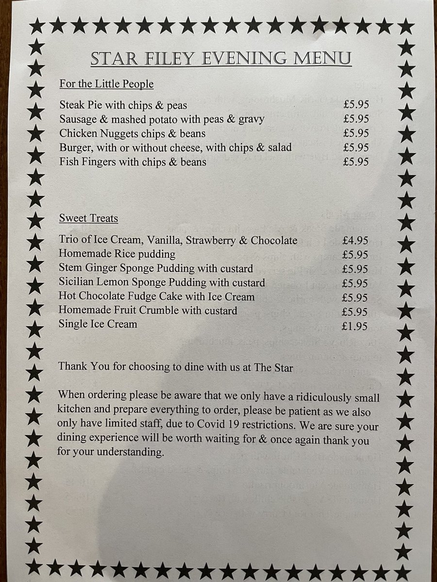 TheStarFiley's tweet image. Updated Evening Menu. Please also check the specials board before ordering.