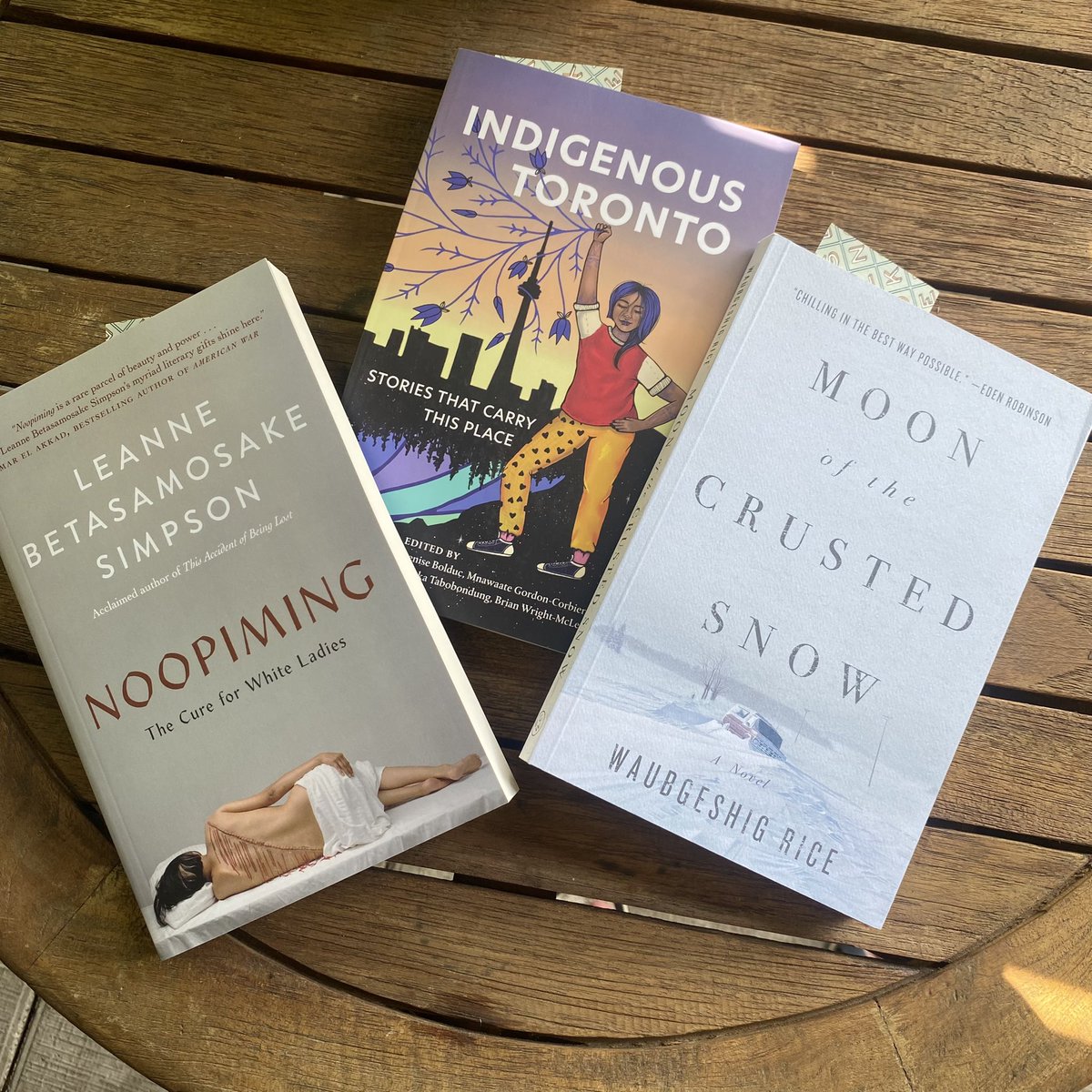 Some #CancelCanadaDay reading.

“Noopiming: The Cure for White Ladies” by Leanne Betasamosake Simpson.

“Indigenous Toronto: Stories that Carry This Place” featuring multiple editors and writers.

“Moon of the Crusted Snow” by Waubgeshig Rice