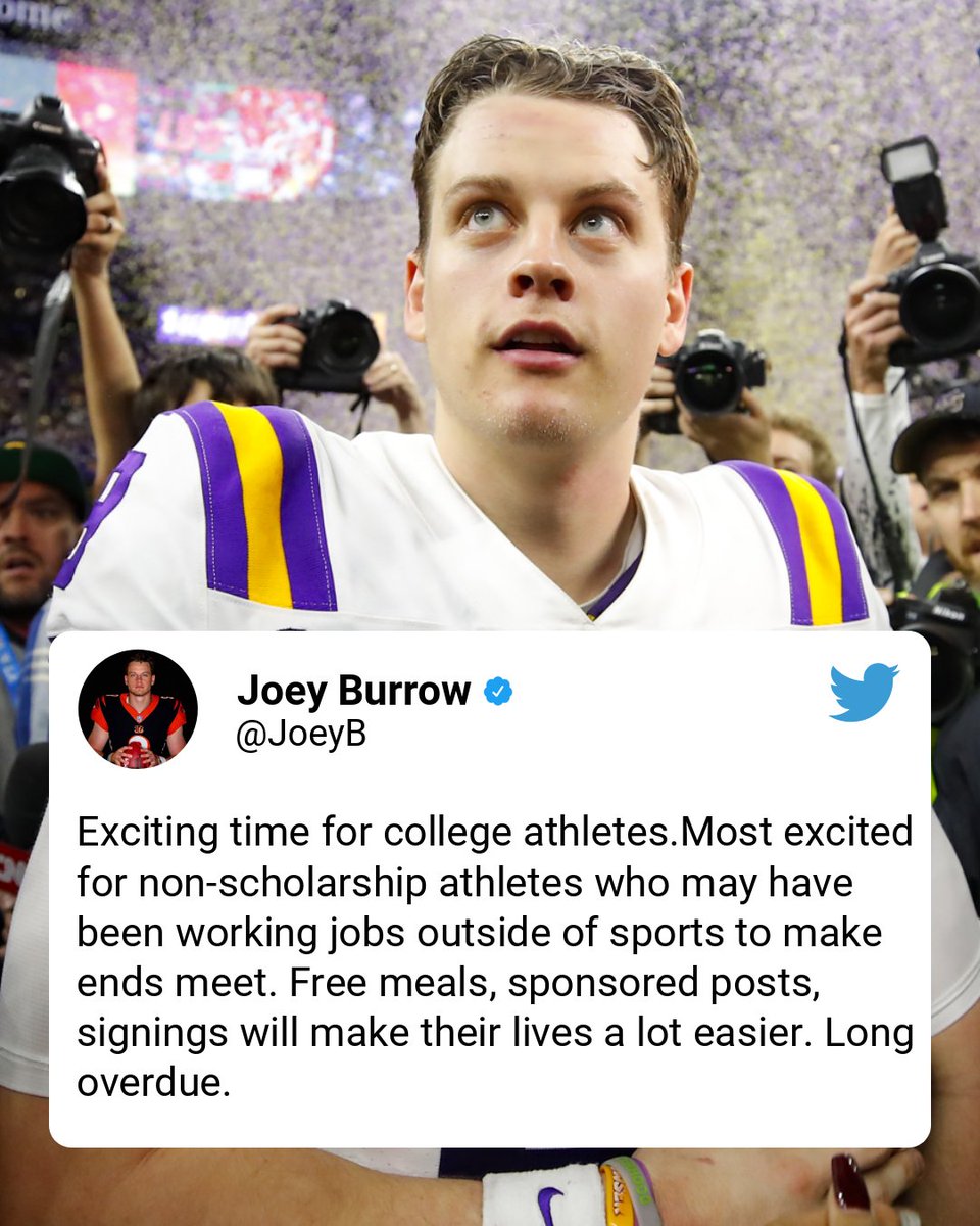 Joe Burrow is most excited for the non-scholarship athletes who've been struggling to make ends meet.