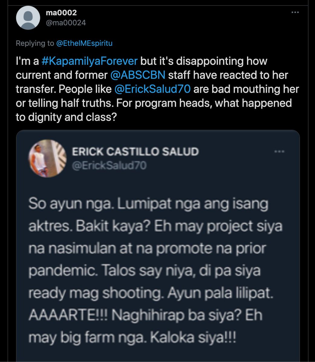 ma00024's tweet photo. @EthelMEspiritu Strange I only see this sa replies. I hope my other tweets  somehow disappeared and it's not hidden to drive the narrative and smear her. Anyway, here are the screenshots para complete.  https://t.co/aSzPsQcat9 @ABSCBN @ErickSalud70 #KapamilyaForever https://t.co/KnXVdXwgNw