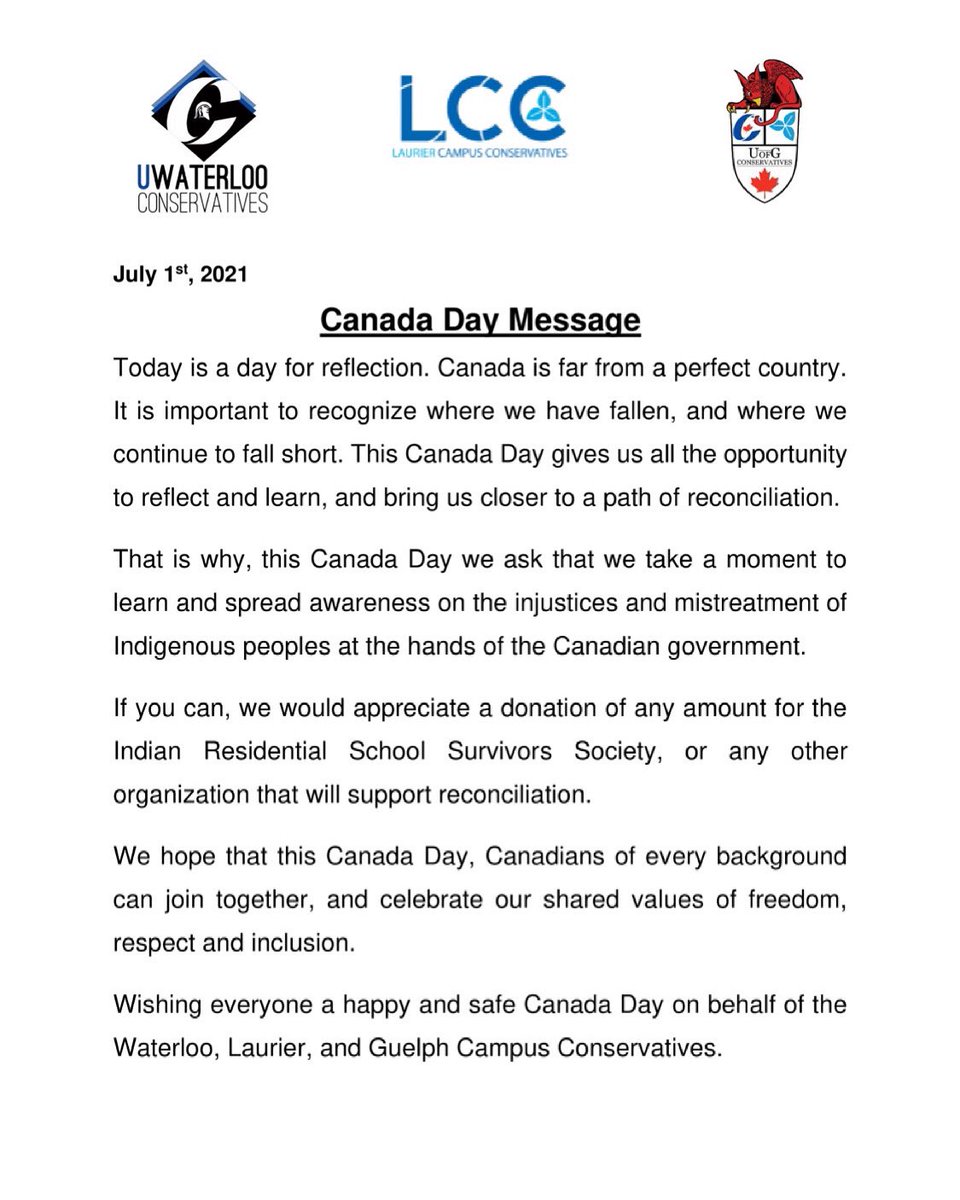 ConservativesUw's tweet photo. Canada Day message from the Waterloo, @WLUConservative , and @guelphcons. 🇨🇦

If you’re able, please consider donating to the Indian Residential School Survivors Society. We will be matching the first $100 donated: 
https://t.co/Mo4j1gFCO6 https://t.co/WV9Uo9pwbT