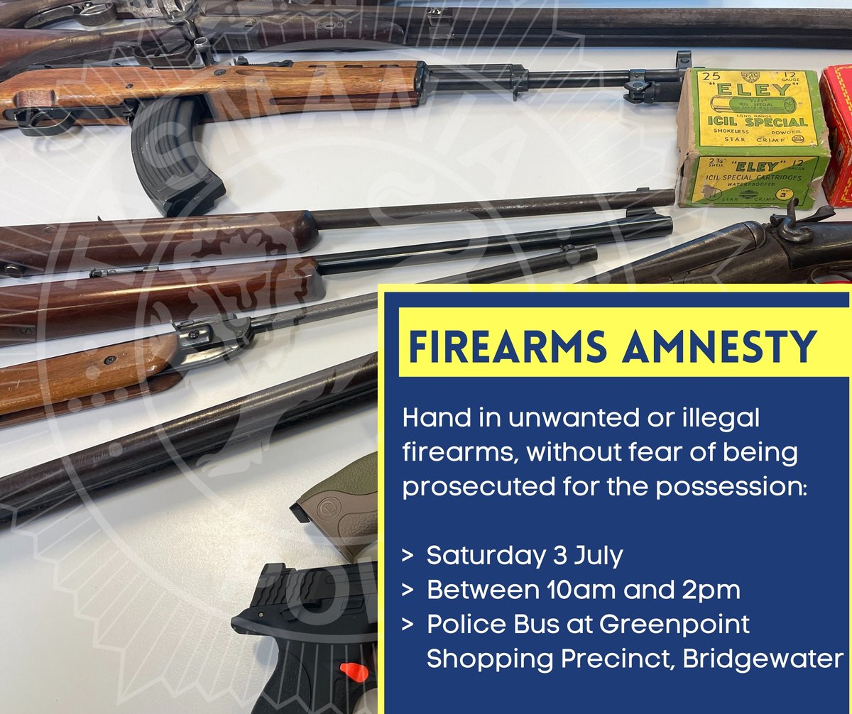 ℹ️ Have you got an unwanted/illegal firearm, ammunition, or gel blaster, in your possession? 

ℹ️ Hand it in to police, without fear of prosecution, at our amnesty tomorrow (3/7/21), 10am-2pm, Greenpoint Shopping Precinct, Bridgewater. 

For further info: 
police.tas.gov.au/news-events/me…