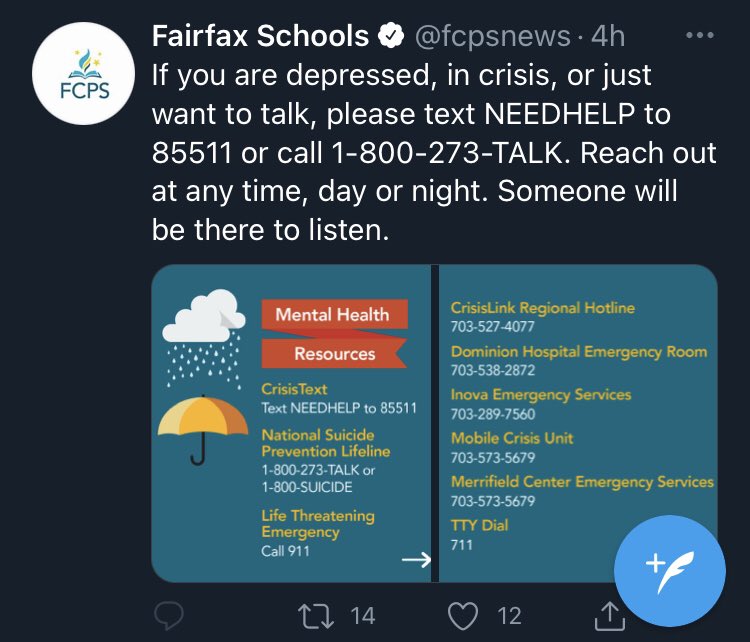 MvhsWomenof's tweet photo. Funny that they turned off comments because they just KNOW they fail at prioritizing mental health in their schools and are well aware of what the comments would have been. Good job FCPS. Maybe if you protected your students you wouldn’t have this problem. @fcpsnews https://t.co/73TwesBajp