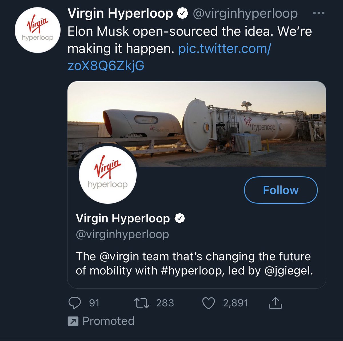 Virgin-named companies putting the pressure on everyone it seems. This little promoted tweet just appeared on my timeline. 
Seems like it was only today that <a href="/virgingalactic/">Virgin Galactic</a> announced they’ll fly their chief before <a href="/blueorigin/">Blue Origin</a> does.