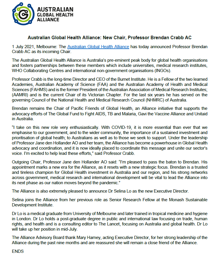 ausglobalhealth's tweet photo. 📢NEWS📢

The Australian Global Health Alliance is pleased to announce Professor Brendan Crabb AC as its new Chair. 

The Alliance is also excited to share that Dr Selina Lo has been appointed as new Executive Director.

Full release: https://t.co/V76fl1fyw0

@CrabbBrendan https://t.co/gL4Xqk2WMd