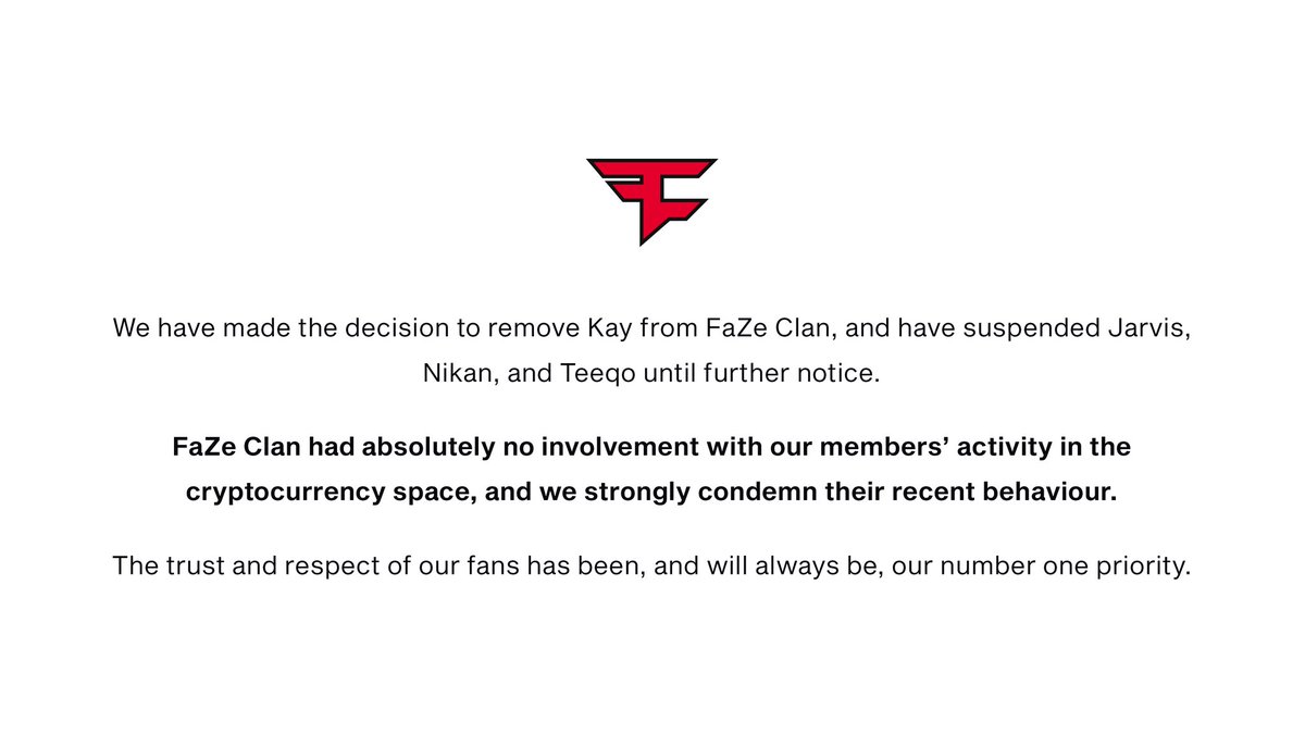 JakeSucky's tweet photo. FaZe Clan have removed Kay from the Org and suspended other members Jarvis, Teeqo, and Nikan following allegations involving a crypto scam https://t.co/UPtaKxYONc