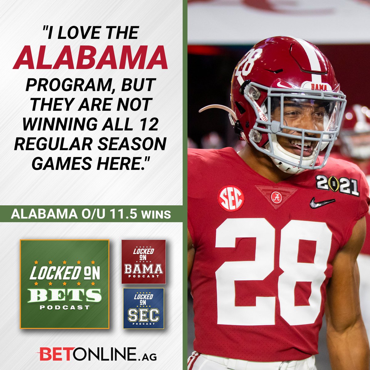 LockedOnNetwork's tweet photo. "I love the Alabama program, but they are not winning all 12 regular-season games here."

@paramountsports explains why he's putting a LEVEL 3 LOCK on the under for Alabama this year. Take the UNDER on @betonline_ag

🎧 Apple https://t.co/ynqrugIYz5 https://t.co/iVBV1efbCA