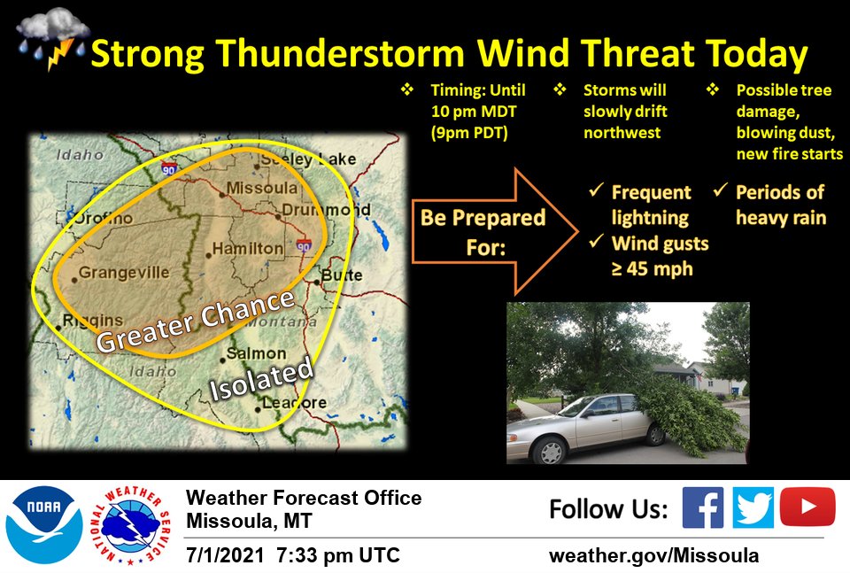 NWSMissoula's tweet photo. #Thunderstorms continue to develop this afternoon across #Idaho & SW #Montana.
Chief threats:
✔️Wind gusts over 45 mph
✔️Frequent lightning
✔️Heavy rain
These storms are moving veeeeeeery slowly to the NW.
#MTwx #IDwx #WhenTheThunderRoars #GoIndoor https://t.co/K7r9iTrRQA