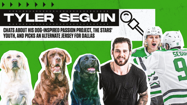 BarDown's tweet photo. .@tseguinofficial chats about his dog-inspired passion project, the @DallasStars' youth, and picks an alternate jersey for the Stars.

@xianmarin has more: https://t.co/nCB56sMa8z https://t.co/w5ymPIPCcV