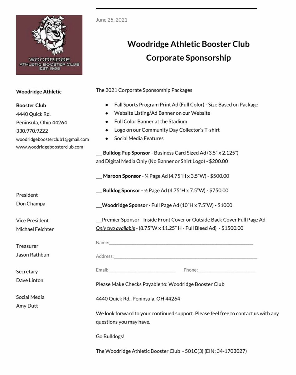 The 2021 Corporate Sponsorships Packages include:
◦Fall Sports Program Print Ad (Full Color) - Size Based on Package
◦Website Listing/Ad Banner on our Website
◦Full Color Banner at the Stadium
◦Logo on our Community Day Collector's T-shirt
◦Social Media Features
