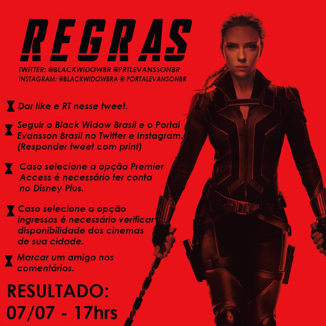 BlackWidowBR's tweet photo. 🕷 🚨 SORTEIO🚨 🕷 
Demorou, mas veio ai! 

Quer concorrer a um par de ingressos para assistir #BlackWidow no cinema ou o Acesso Premier no Disney+? 
Então da uma olhadinha no banner, segue a gente e o parceiro @prtlevanssonBR no Twitter/Insta e torça muito! Resultado dia 07/07. https://t.co/7oiSyrT2ww
