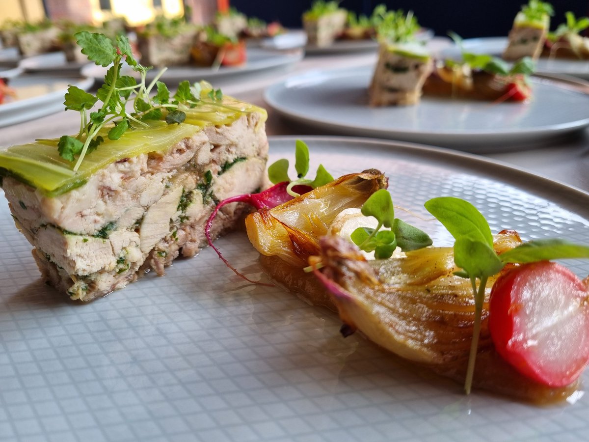 NigelLees2's tweet photo. Retirement dinner tonight. 
Starter of pressed leek and guinea fowl terrine, picked rainbow beetroot, golden raisin puree, roscoff onion and a chardonnay vinegarete. @LandaVaida @melrahaman @rebeccasenior77 @HolroydHowe @CityofLdnSchool @DanielCollier84 @DamianBlake4 https://t.co/l4dzzNd9DW
