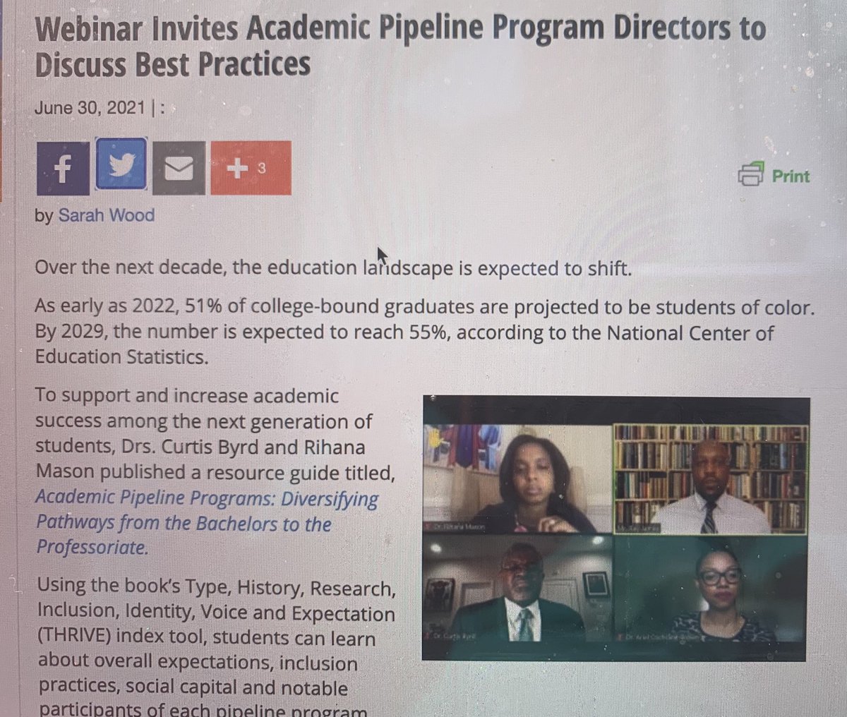 AcademicPipeli1's tweet image. If you missed the dialogue between @drrihana @curtisdbyrd Ray James and Ariel Cochran’s-Brown during the @SAGE_Publishing @socscispace webinar, check out the highlights captured by @DiverseIssues diverseeducation.com/article/219269/  Thanks @KIPP @AdvisingCorps for supporting students #K12