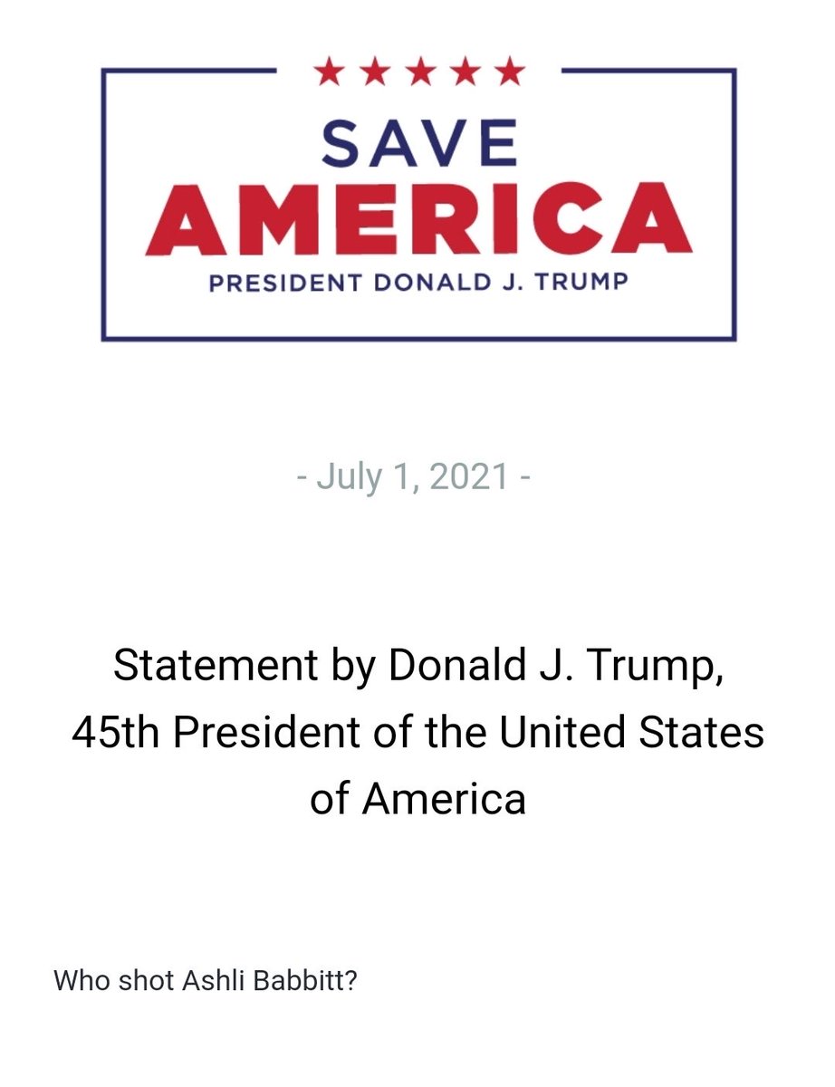 President Trump asks who shot Ashli Babbitt. Every American should know who shot Ashli Babbitt. An unarmed young woman was shot at point-blank range and killed for trespassing. Any cop in this country they did that anywhere else would already be in prison.