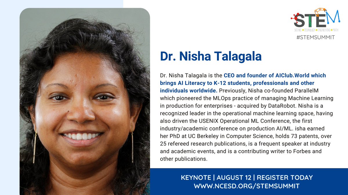 Dr. Nisha Talagala, CEO &amp; founder of @AiclubW, is joining us for the virtual STEM Summit as a keynote speaker on August 12. Don't miss out on this chance to learn how we can teach students to artificial intelligence literacy in the classroom. 

#stemsummit #WAedu #stemeducation