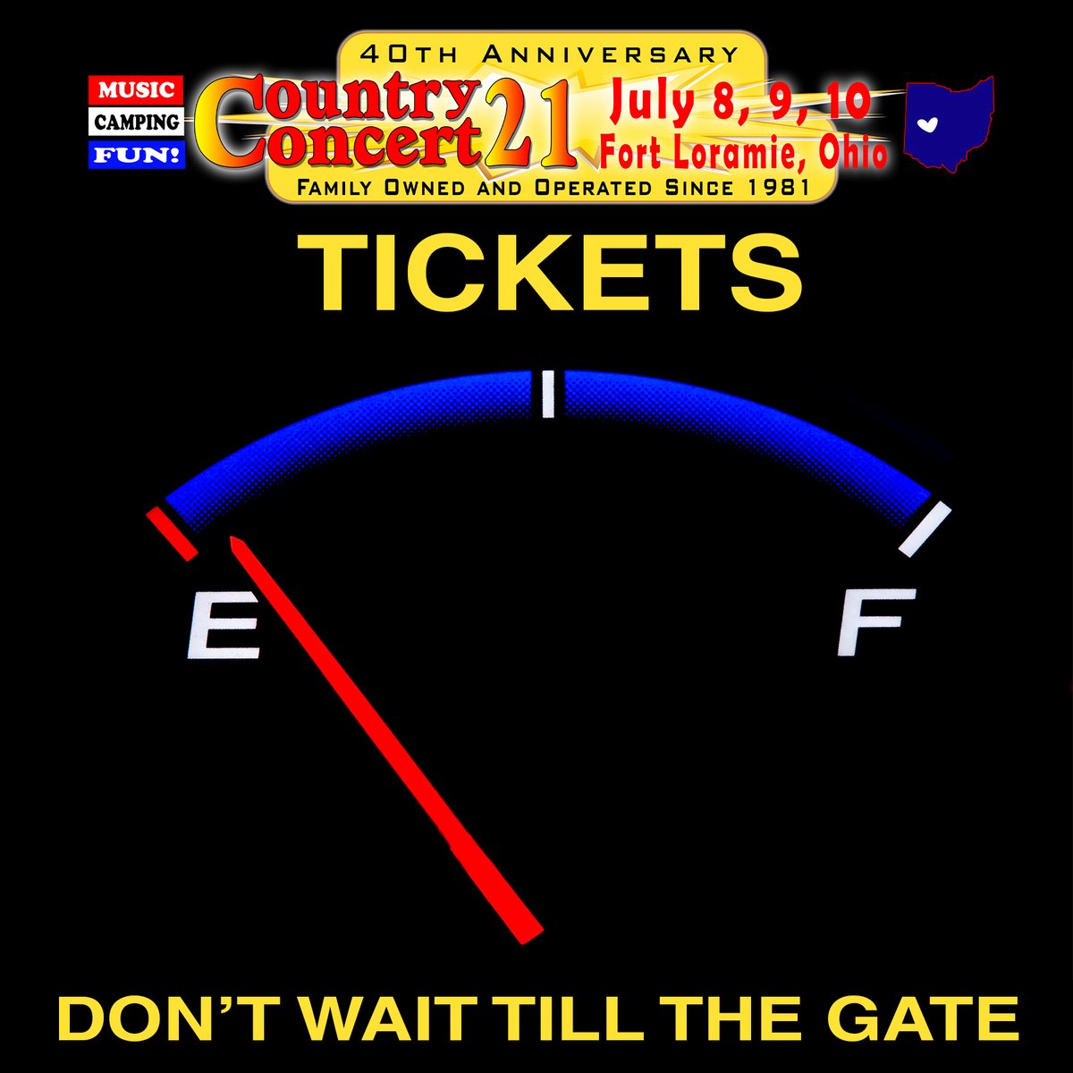 Due to the awesome response by sooo many fun loving people and long time supporters that have made our event possible, its possible we could sellout 1, 2 or all 3 days. Please, do not wait until the gate!  Tix/Camping are still available at countryconcert.com See you soon!