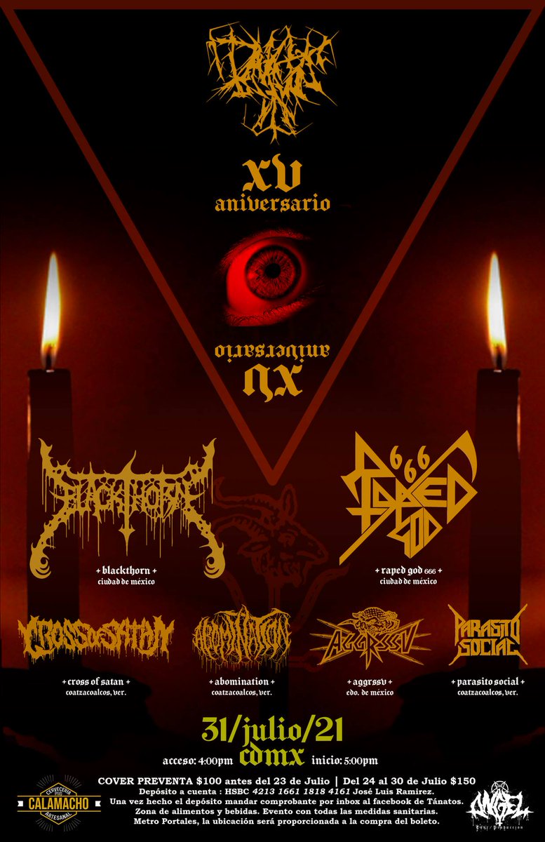 LlamadoBestia's tweet photo. El próximo 31 de Julio #Tanatos celebra sus XV años y estarán acompañados por #BlackthornMex #RAPEDGOD666 #CrossOfSatan #AbominationMx #AGGRSSV y #ParasitoSocial https://t.co/vIUwNGof7r