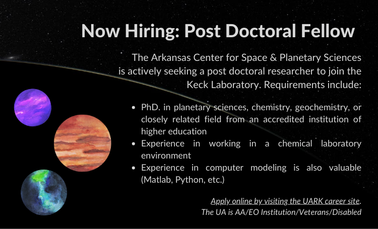 UofA_Research's tweet photo. A Post Doctoral position is open in the Arkansas Center for Space and Planetary Sciences! Apply online today!

#space #planetaryscience #Mars #research #SpaceHogs @UofAGradSchool 

Link to apply: https://t.co/b0qs3ftoPs https://t.co/rbyAOAuSkd