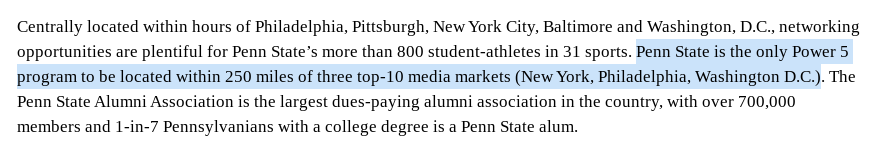 ByCraigMeyer's tweet photo. In its release announcing its NIL program, Penn State claims it's the only Power Five program within 250 miles of three top-10 media markets. That's not true -- not even within its own division in the Big Ten (Rutgers and Maryland both fit that description, too) https://t.co/AA6jbP9Baz