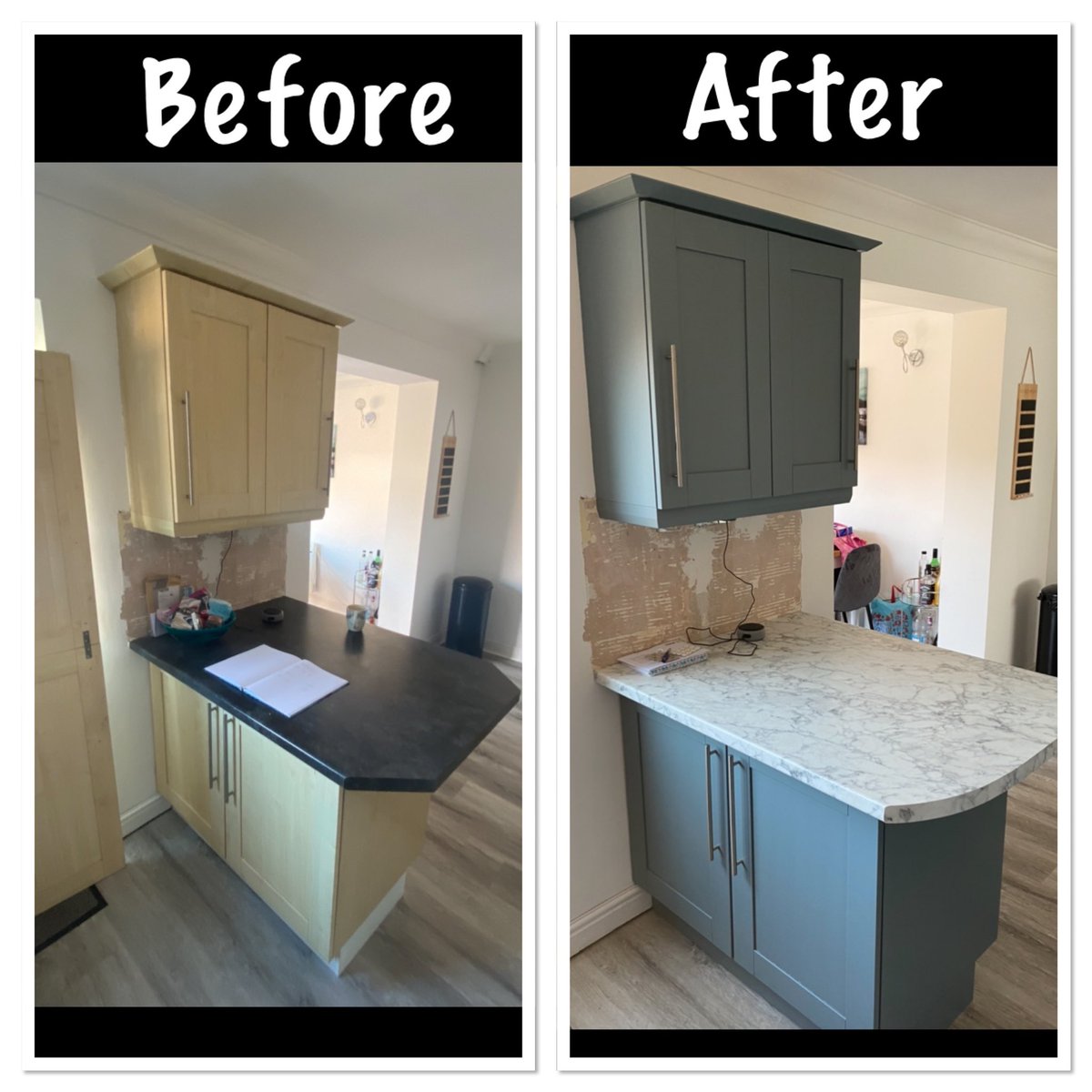 KRSPRAYING's tweet photo. Been a busy few weeks. These Maple effect doors had seen better day, sprayed in @Tikkurila_UK “Otex Akva” primer and finished in Helmi 10. Colour matched to @FarrowandBall “De Nimes” #KitchenSpraying https://t.co/wjuPvy0tBO