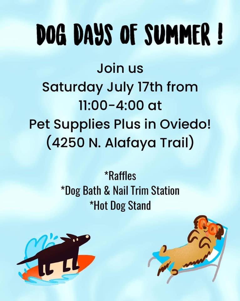 We need #help!!!  We are hosting a #fundraiser called #Dog Days of Summer on 7/17 from 11-4 at <a href="/petsuppliesplus/">Pet Supplies Plus</a> #Oviedo (off Alafaya).   We need  several things:
BEFORE #EVENT -
We need towel #donations 
We needs help getting raffle items donated (gift cards, tickets etc)