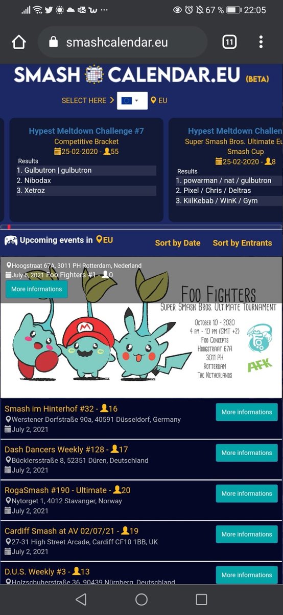 You need a simple overview of all Smash tournaments in Europe or just want to know which ones are taking place in your country?

SmashCalendar.EU is exactly what you need! 🥳

I appreciate every retweet! 🥰