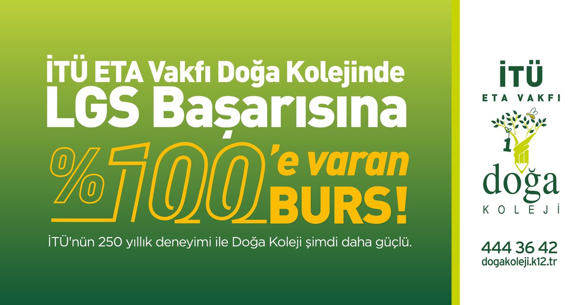 İTÜ ETA Vakfı Doğa Kolejinde LGS Başarısına %100’e Varan Burs İmkânı!
Eğitimde İTÜ imzasıyla yenilikçi ekosistemimiz ve dünya standartlarındaki başarı anlayışımız ile lise kariyerin burada!
Bilgi ve başvuru için👇
dogakoleji.k12.tr/basvurular/lgs
