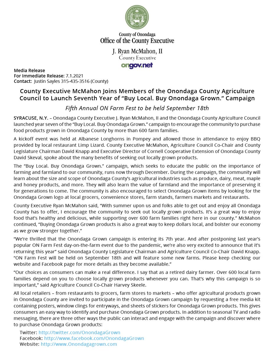 PRESS RELEASE: <a href="/CEJRyanMcMahon/">County Executive Ryan McMahon</a> Joins Members of the Onondaga County Agriculture Council to Launch Seventh Year of “Buy Local. Buy <a href="/OnondagaGrown/">Onondaga Grown</a>.” Campaign.

Thank you to Albanese Longhorns Farm for being such a great host!