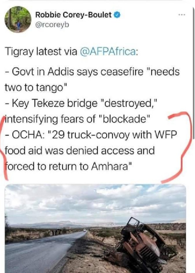 EmuWeyane's tweet photo. So 29truck - convoy with WFP food aid was denied access from entering Tigray by @abiyahmed troops and forced to return to amhara @hrw @PowerUSAID @USAmbUN @nimaelbagir @BBCWorld @BelgiumMFA @cnnbrk @SecBlinken @amnesty @Kuluhama @StateDept @SenateForeign @martinplaut https://t.co/IjGy66z4MV