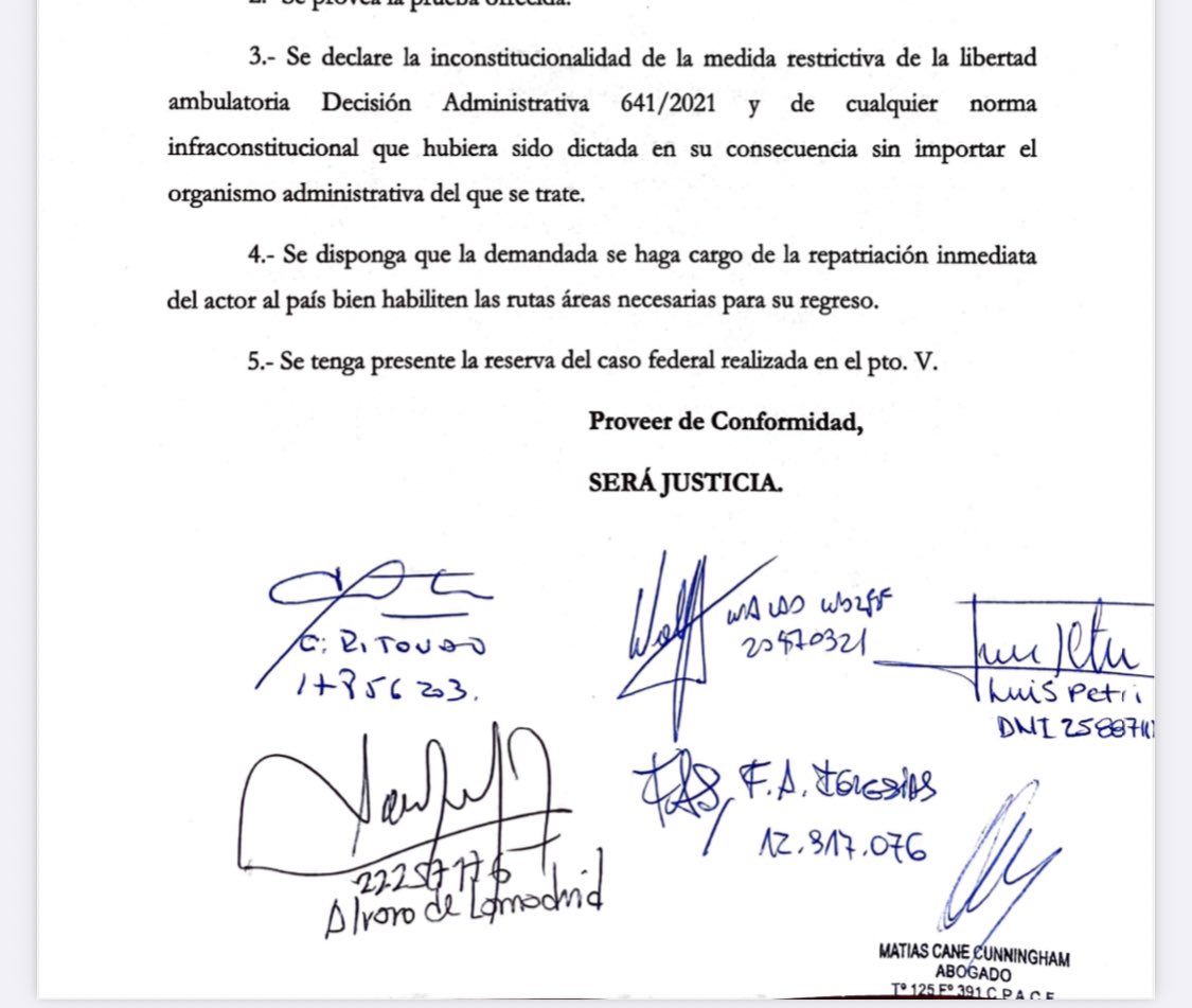 WolffWaldo's tweet photo. Junto a otros diputados presentamos habeas corpus colectivo para que los más de 42000 argentinos que están en el exterior puedan regresar al país,  sin sufrir el cepo arbitrario e inconstitucional que fijó el Gobierno por su propia incapacidad para controlar y conseguir vacunas. https://t.co/JqiELOErr2