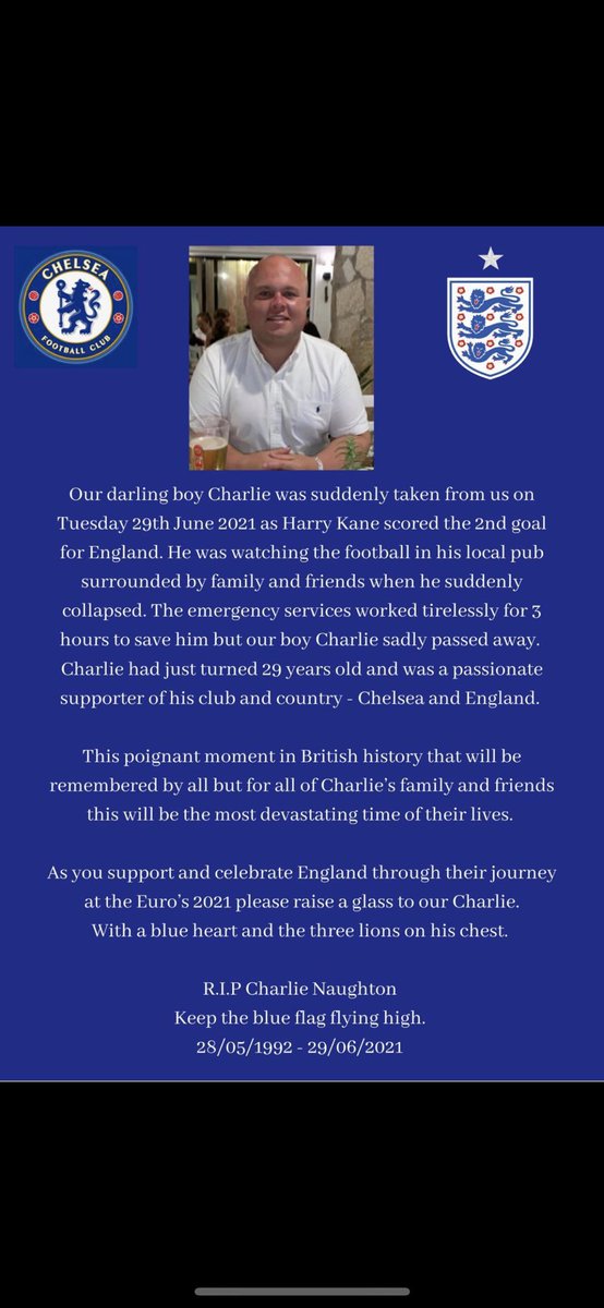 “As you support and celebrate England through their journey at #EURO2020 please raise a glass to our Charlie” 🍻

Rest in peace Charlie Naughton 🏴󠁧󠁢󠁥󠁮󠁧󠁿❤️