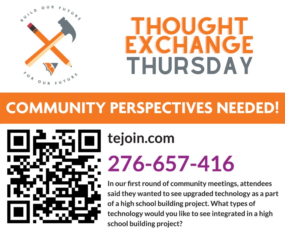 vcsc_teamvigo's tweet image. It&apos;s Thought Exchange Thursday! We need your thoughts on technology in a potential high school building project. Please share so we can get feedback from the entire community!

Visit tejoin.com/276657416 to participate in this week&apos;s Thought Exchange. 
#teamvigo