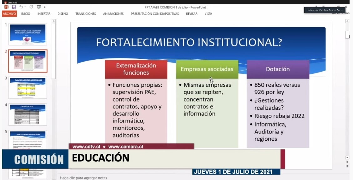 #Ahora | "Acá hay un proceso de cambio muy mal llevado (...) No hay un fortalecimiento institucional", precisa la presidenta <a href="/afaebnac/">AFAEB #JunaebNoSeVende</a>, Carolina Pizarro, ante la Comisión de Educación <a href="/Camara_cl/">Diputadas y Diputados de Chile</a>  
#JUNAEBNoSeVende 
📺#Live youtu.be/2j3QjvpEcAM