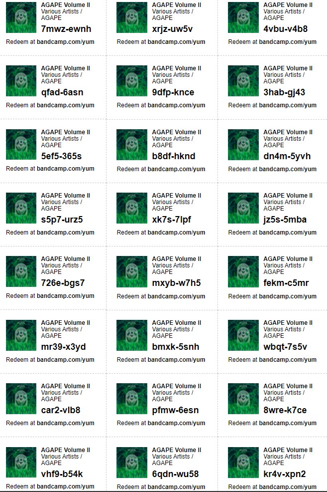 Hey! How're you enjoying Volume II? Let us know and be sure to leave a review if you have time! And if you don't have it on your Bandcamp library yet, help yourself to some of these download codes. :) agaperecs.bandcamp.com/yum #Bandcampcodes #yumcodes #downloadcodes