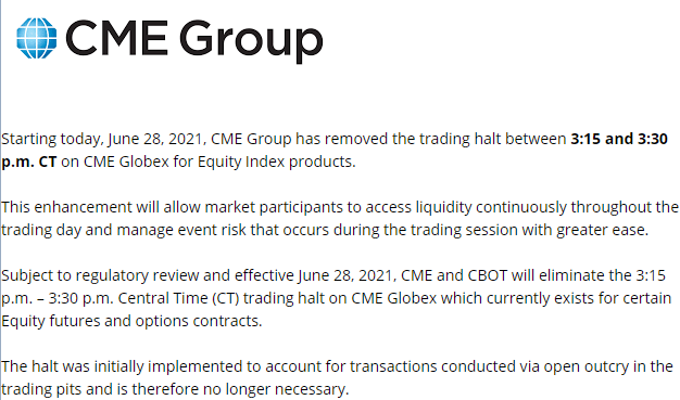 AmplitudeCap's tweet photo. Starting Monday Jun 28, the #CME has removed the trading halt between 3:15- 3:30 PM CST for all #index #futures https://t.co/lbDJRWwA26