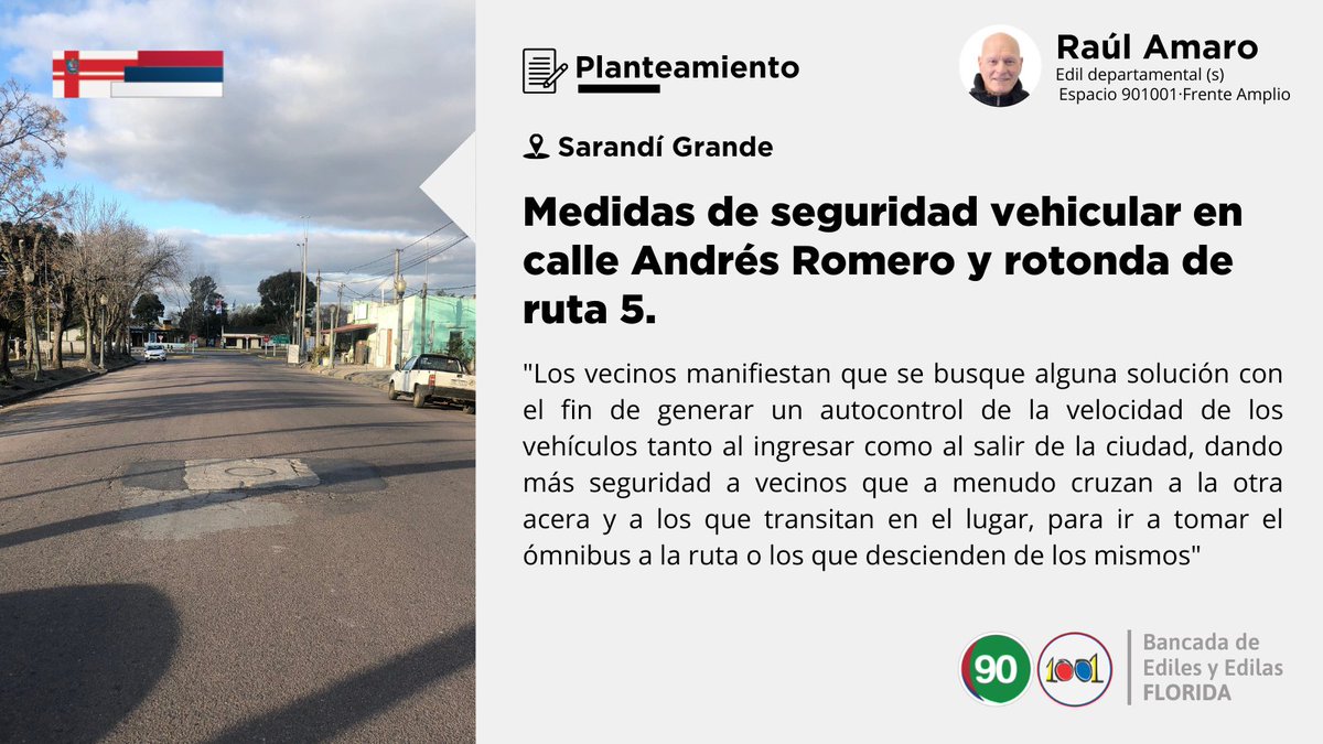 lista901001's tweet photo. #Planteo El edil Raúl Amaro planteó que se tomen medidas para reducir la velocidad de los vehículos que ingresan por Andrés Romero desde ruta 5, una inquietud de los vecinos que viene de hace mucho tiempo.
Lee el planteo de forma completa aquí: https://t.co/hS8vg86EsU https://t.co/LqR2llSNc3