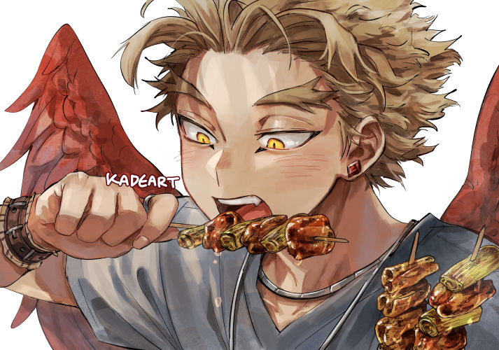 hawks (boku no hero academia) 1boy male focus jewelry food wings blonde hair solo  illustration images