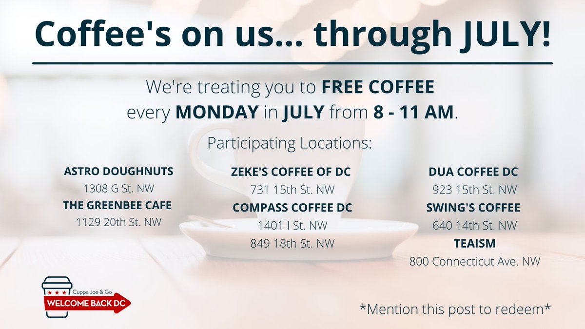 welcomebackdc_'s tweet photo. We're on for another month! Grab a free coffee on us to jumpstart your mornings. https://t.co/xMBMelFxub