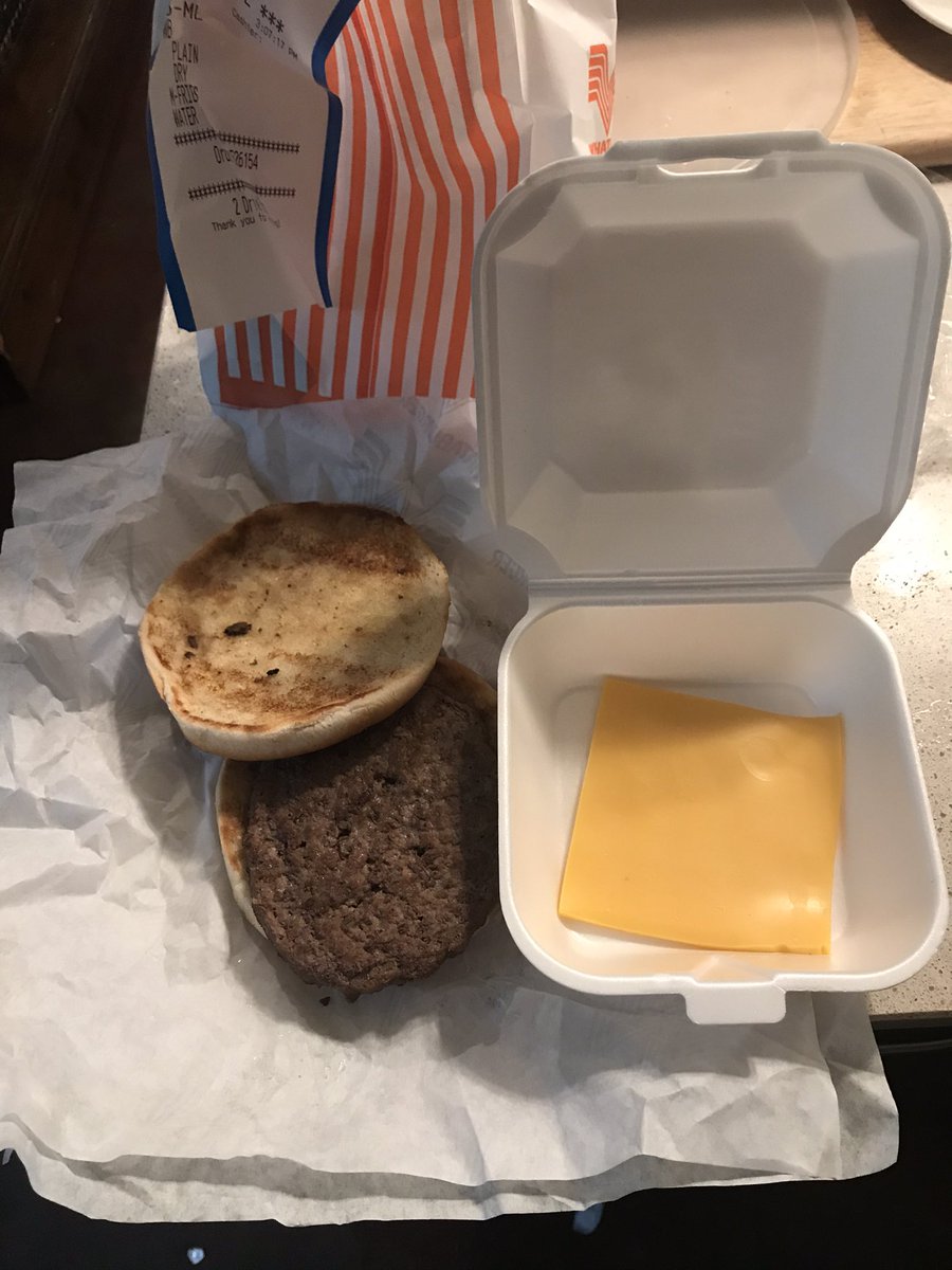 dwcardwell24's tweet photo. The TCU @Whataburger is laughably bad. It makes my blood boil. This is how my cheeseburger came. https://t.co/97YXbUkDlh