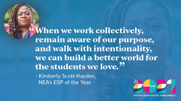 NEAToday's tweet photo. Thank you to our ESP of the Year, Kimberly Scott-Hayden, for continuing to inspire us as a proud union member and social justice activist. #NEARA21 @NJEA @NEArESPect #WeLoveOurESPs https://t.co/y3dlJRU5Oe