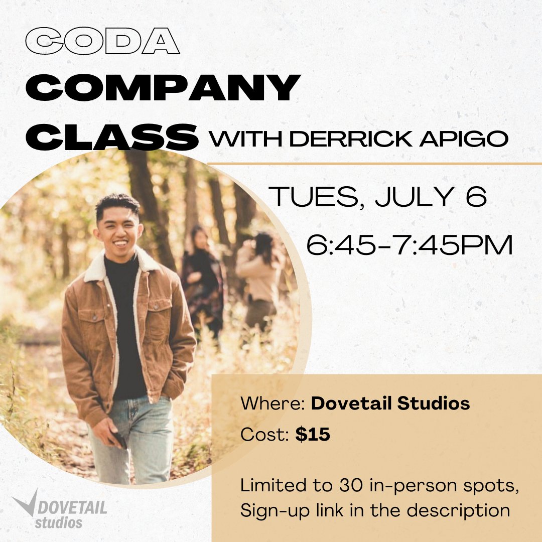 coda_world's tweet image. LAST COMPANY CLASS OF THE SEASON: Dovetail Studios on Tues, July 6 at 6:45pm! Due to Chicago COVID19 regulations, classes are limited to 30 people and masks are required at all times. Class is $15/person and spots must be reserved online (link in our bio) #dance #coocaw