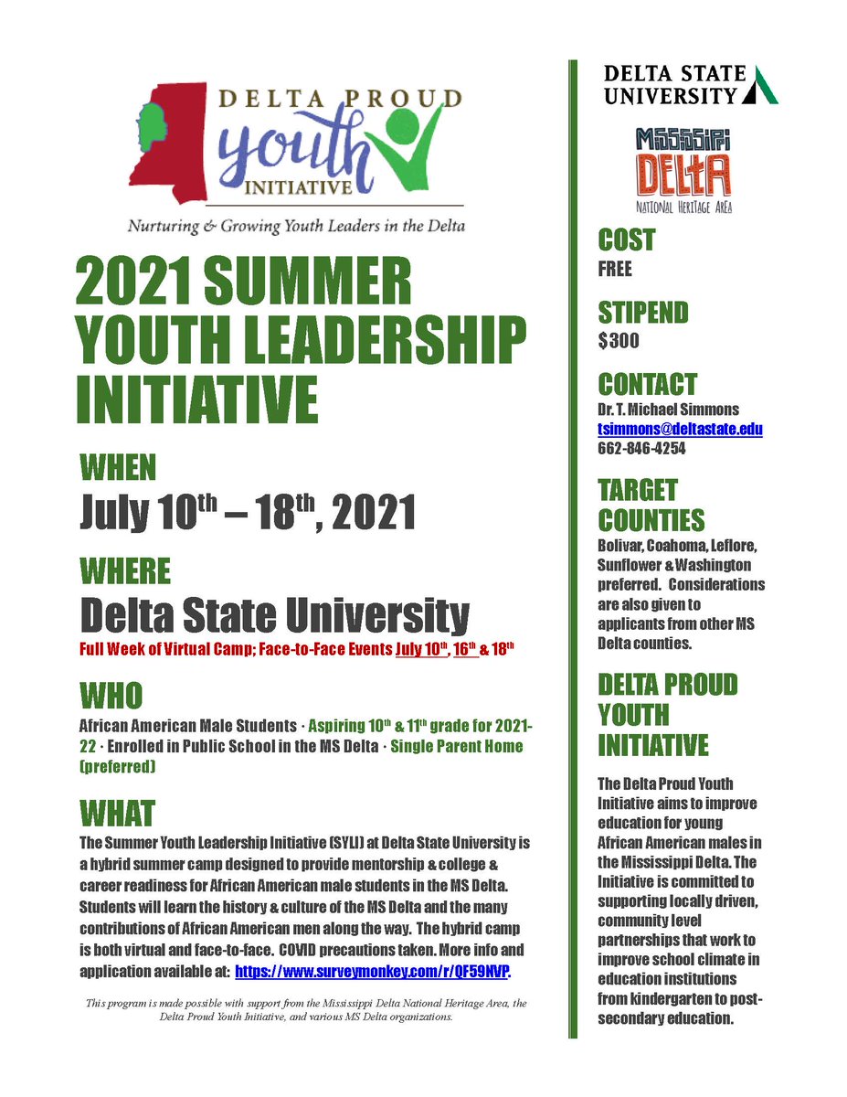 risemsteachers's tweet photo. Delta Proud Youth Initiative is looking for African American male students enrolled in public schools in Bolivar, Coahoma, Leflore, Sunflower, or Washington counties. The camp is intended for aspiring 10th &amp; 11th-grade students. Slots are very limited. https://t.co/bxh2AOrWnw https://t.co/l7smAMYDAv