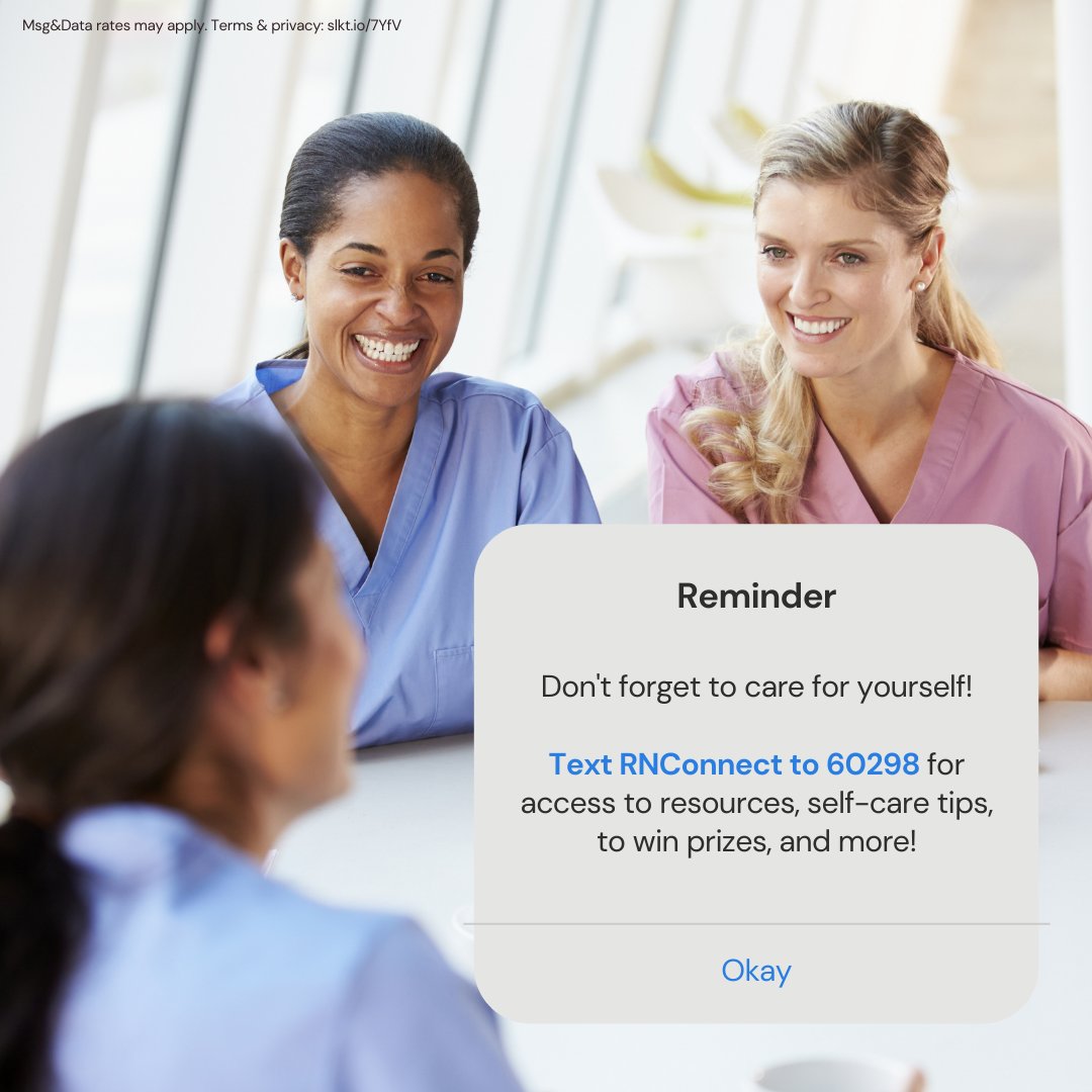 RN Connect is a supportive text message program provided to #Arizona #nurses for free.The final round of messaging on July 12th -- nurses will be challenged to practice well-being activities. Prizes will be given away! To participate text RNconnect to 60298. <a href="/AZFFN_/">Arizona Foundation for the Future of Nursing</a>