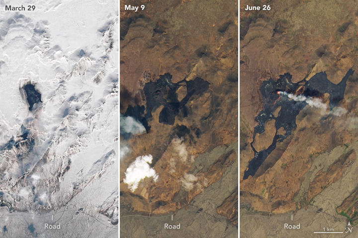 NASAEarth's tweet photo. Lava flows from the Icelandic volcano were estimated to cover a total area of 3 square kilometers, three months after the eruption began. https://t.co/I4PQgSg1rR https://t.co/IcHQepisCG